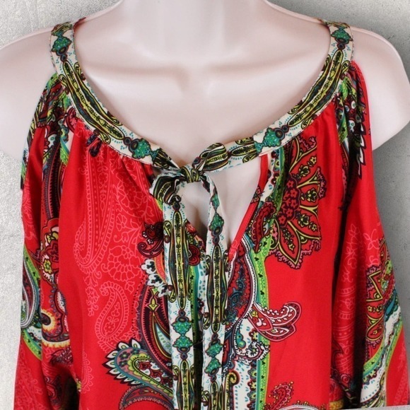 ECI Cold Shoulder Long Sleeve Blouse Multicolor Red, Pink, Green, White Size M - Picture 5 of 16
